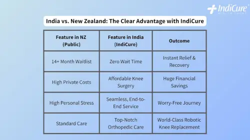 Comparison table showing India versus New Zealand advantages for knee replacement surgery: Zero wait time and huge financial savings with IndiCure. Comparison table showing India versus New Zealand advantages for knee replacement surgery: Zero wait time and huge financial savings with IndiCure.